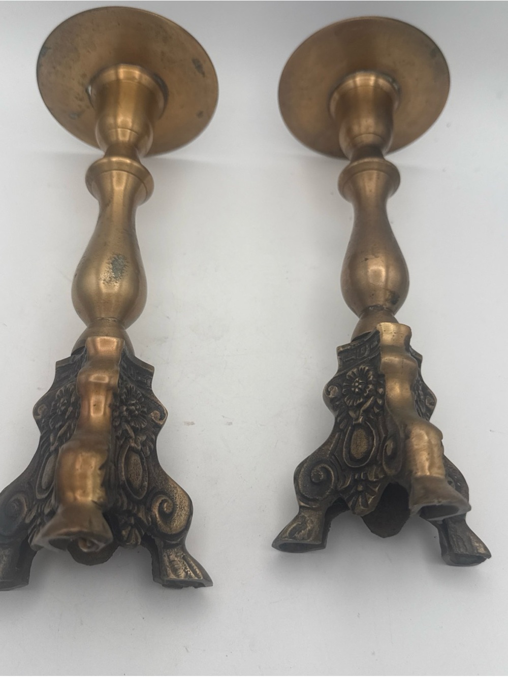 Classic Baroque-style/ Neo-Gothic brass  candlesticks Tripod Lion Paw Foot 10”